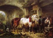 Horses and people in a courtyard Wouterus Verschuur